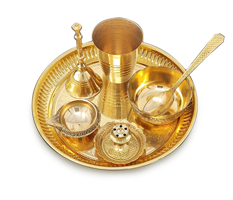 NOBILITY Brass Pooja Thali Set 6 Inch Puja Thali with Pital Plate Bowl Glass Kangura Plate Spoon Arti Thali for Diwali Home Office Mandir Wedding Return Gift Items