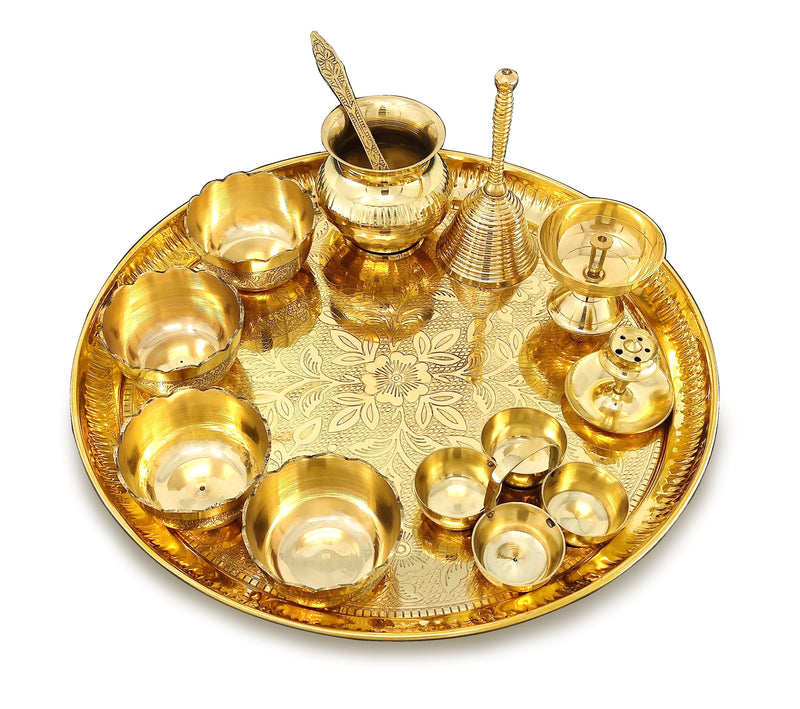 NOBILITY Brass Pooja Thali Set 12 Inch with Pital Plate Kalash Bowl Spoon Haldi Kumkum Stand Ghanti Piyali Diya Puja Thali for Diwali Home Office Mandir Wedding Return Gift Items