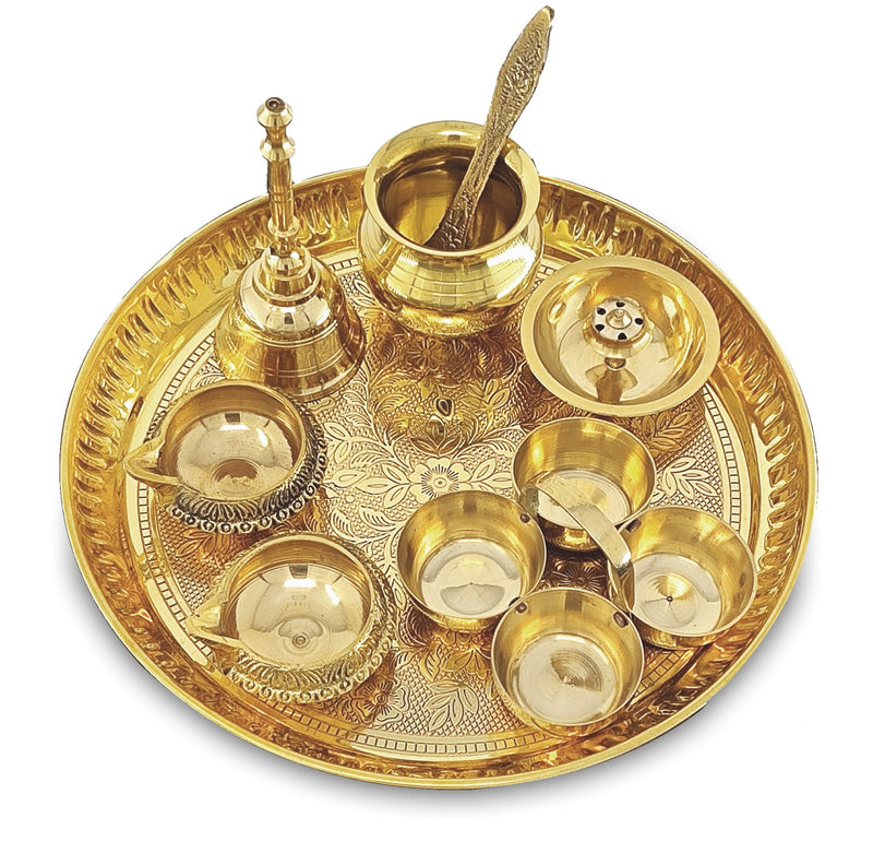 NOBILITY Brass Pooja Thali Set 8 Inch Puja Thali with Pital Plate Kalash Haldi Kumkum Stand Dhup Dan Kuber Diya Ghanti Palli Arti Thali for Diwali Home Office Mandir Wedding Return Gift Items