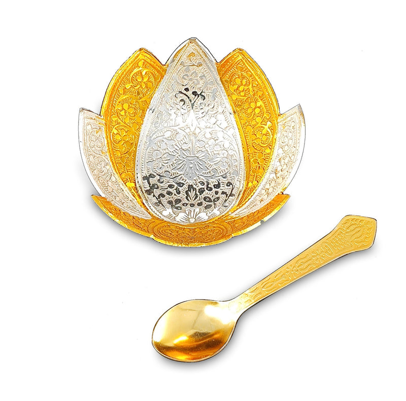 NOBILITY Bowl Spoon Set Gold and Silver Plated Leaf Shaped Designed with Velvet Box Dry Fruit Dessert Serving Sets Friends Family Home Decorative Corporate Gifts Wedding Return Gift