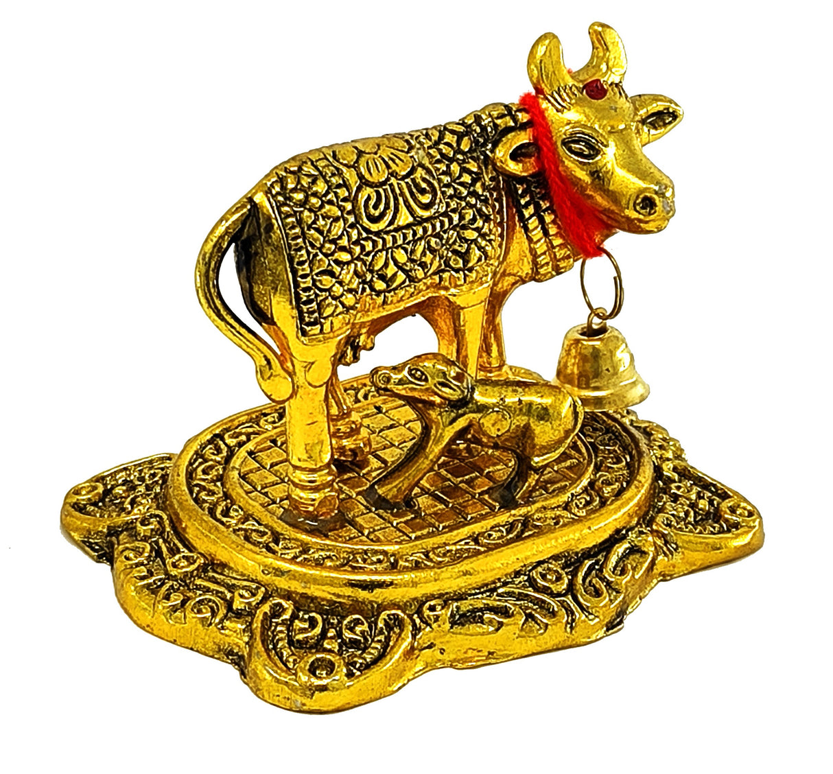 NOBILITY Golden Small Kamdhenu Cow with Calf Metal Statue Decorative Item Showpiece for Home Office Diwali Decoration Gift items Wedding Return Gifts