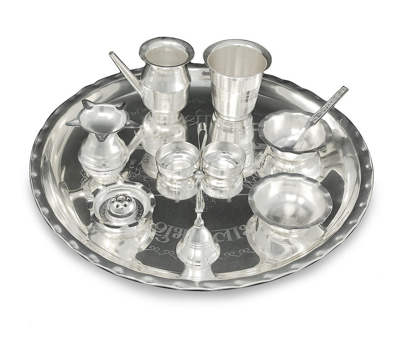 NOBILITY 12 Inch Silver Plated Pooja Thali Set with Accessories Daily Puja Decorative Gifts for Home Office Mandir Diwali Wedding Return Gift Items