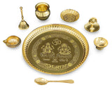 NOBILITY Brass Pooja thali Set 8 Inch with Pital Puja Plate Kalash Spoon Glass Diya Bowl Dhup Dan Ghanti Kangura Plate Arti Thali for Diwali Home Mandir Office Wedding Return Gift Items