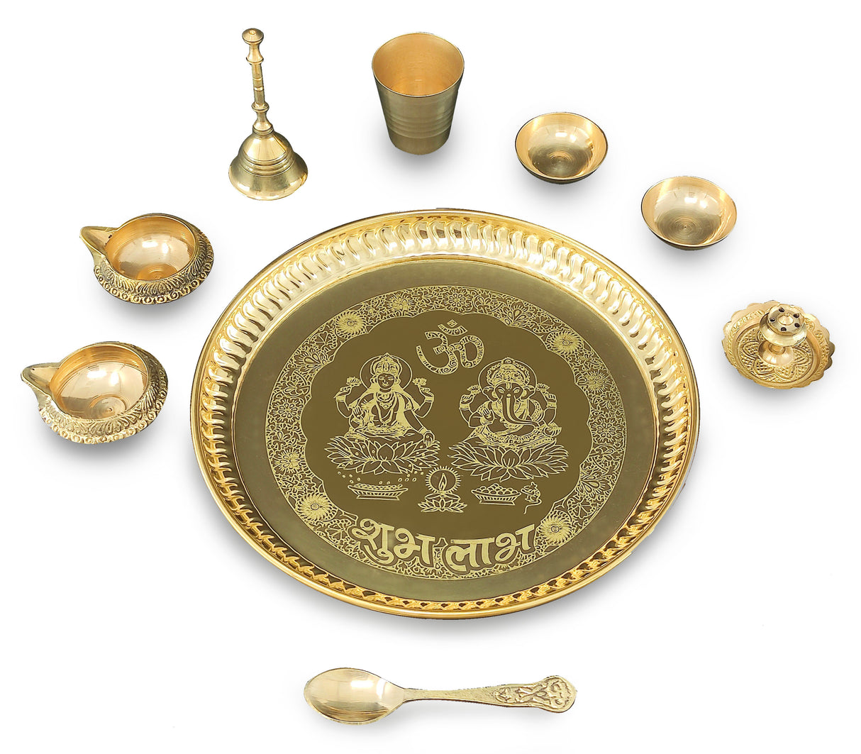 Brass Pooja thali Set 8 Inch with Pital Plate, Kuber Diya, Ghanti, Glass, Spoon, Bowl, Design Dhup Dan Daily Puja Thali for Diwali Home Mandir Office Wedding Return Gift Items