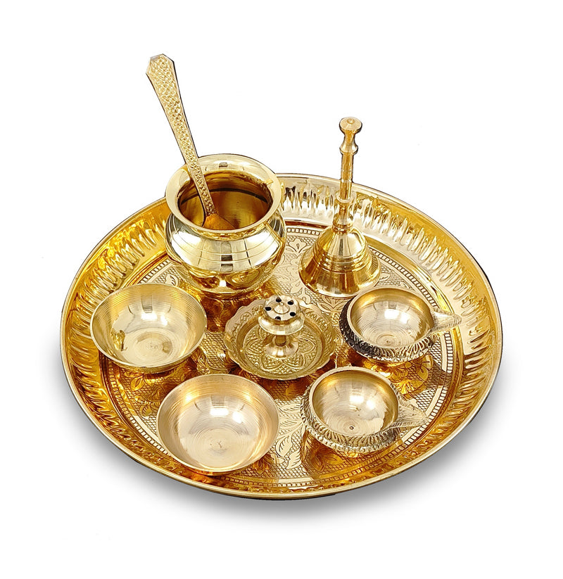 NOBILITY Brass Pooja Thali Set 7 Inch with Pital Puja Plate Kalash Bowl Spoon Dhup Dan Palli Ghanti Kuber Diya Chandan Wati Arti Thali for Diwali Home Office Mandir Wedding Return Gift Items