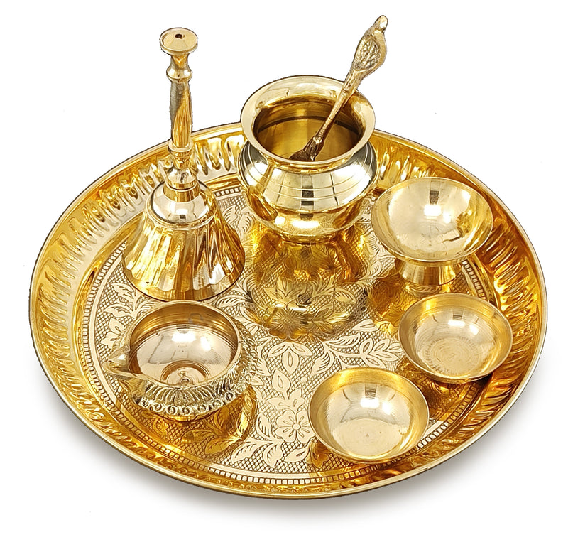 NOBILITY Brass Pooja Thali Set 7 Inch with Pital Puja Plate Kalash Bowl Spoon Dhup Dan Palli Ghanti Kuber Diya Chandan Wati Arti Thali for Diwali Home Office Mandir Wedding Return Gift Items