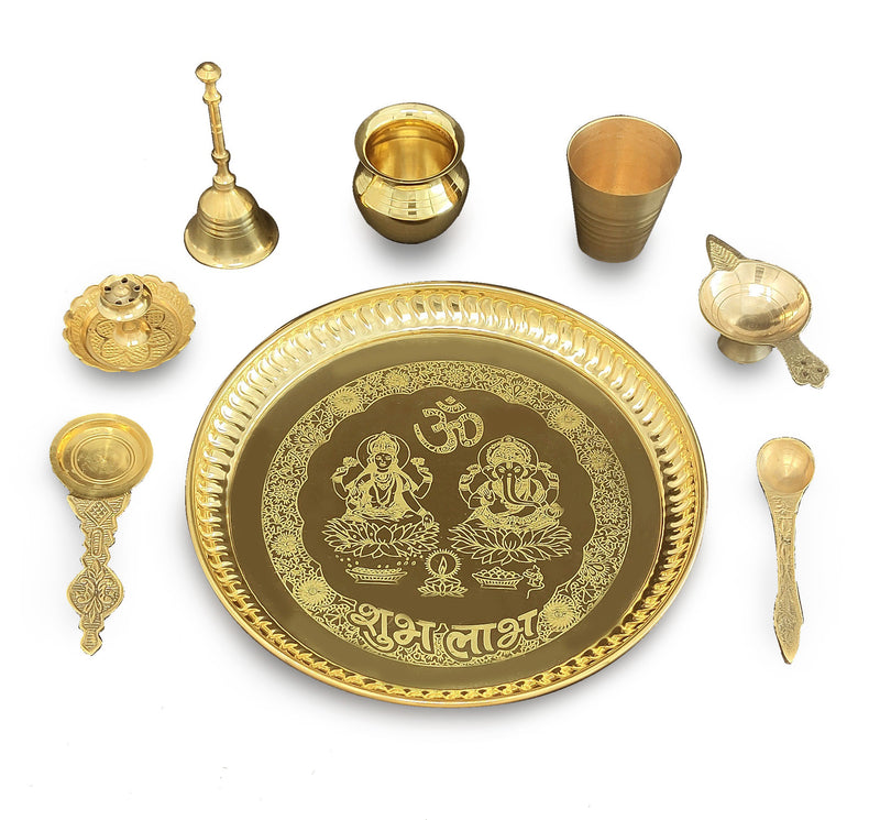 NOBILITY Brass Pooja thali Set 8 Inch with Pital Plate Glass Kalash Spoon Ghanti Bowl Agarbatti Stand Kuber Diya Puja Thali for Diwali Home Mandir Office Wedding Return Gift Items