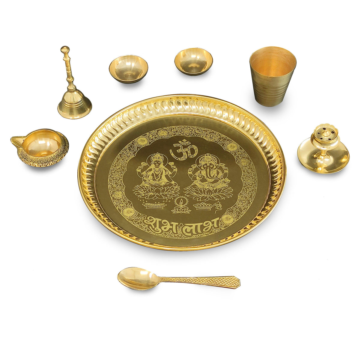 NOBILITY Brass Pooja thali Set 8 Inch with Pital Puja Plate Glass Spoon Ghanti Bowl Kuber Diya Agarbatti Stand Arti Thali for Diwali Home Mandir Office Wedding Return Gift Items