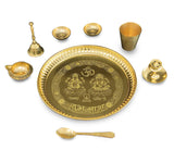 NOBILITY Brass Pooja thali Set 8 Inch with Pital Puja Plate Glass Spoon Ghanti Bowl Kuber Diya Agarbatti Stand Arti Thali for Diwali Home Mandir Office Wedding Return Gift Items