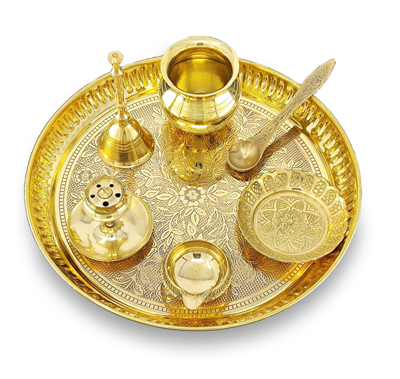 NOBILITY Brass Pooja Thali Set 8 Inch Puja Thali with Pital Designed Plate Kalash Kangura Plate Dhup Dan Kuber Diya Ghanti Palli for Diwali Home Office Mandir Wedding Return Gift Items