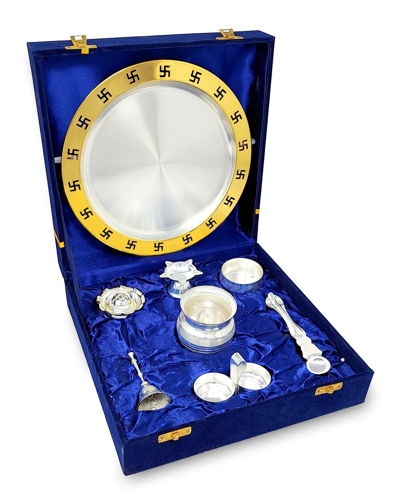 NOBILITY Pooja Thali Set Gold & Silver Plated with Blue Gift Box