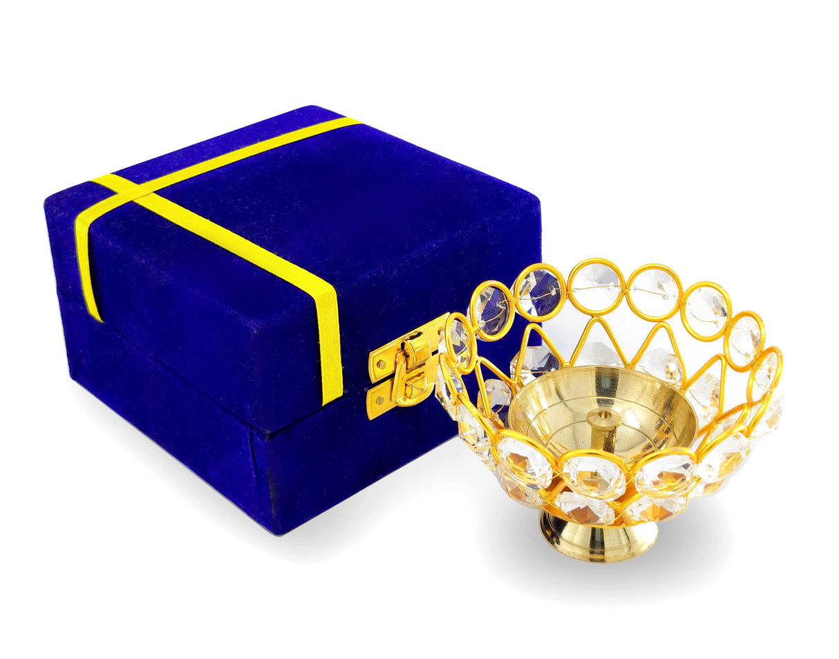 Gold Crystal Diya with Blue Velvet Gift Box Home Decoration Chrystal Piyali Dia Pooja Items Puja Gifts Handmade Oil Lamp Traditional Indian Dhanteras Deepawali Diwali Gift Items