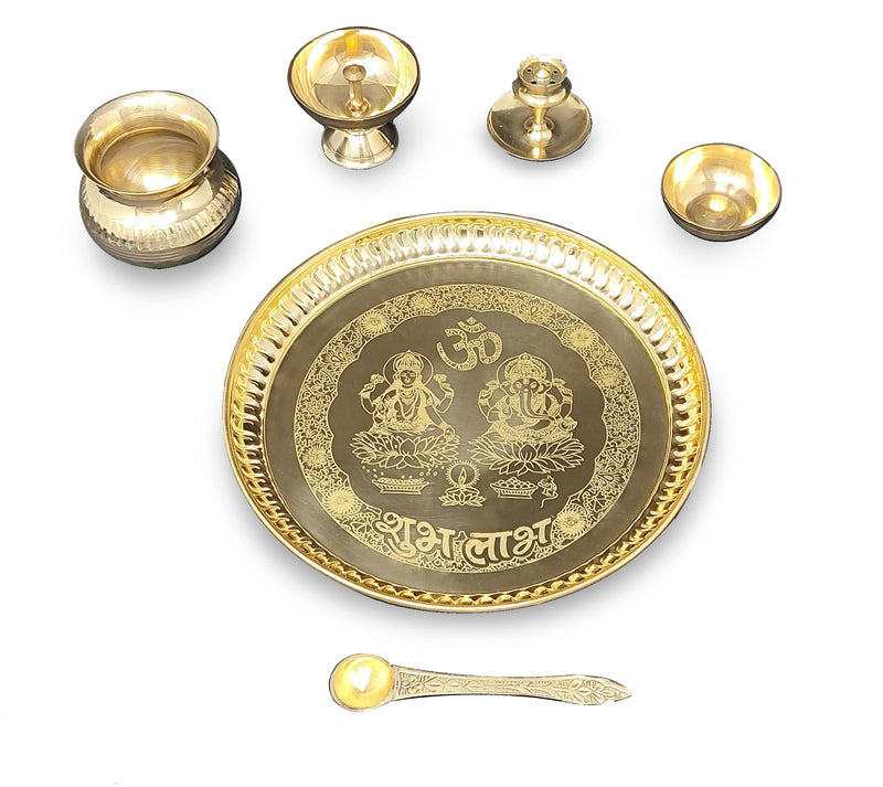 NOBILITY Brass Pooja Thali Set 8 Inch with Pital Plate Kalash Piyali Diya Dhup Dan Spoon Bowl Puja Thali for Diwali Home Office Mandir Wedding Return Gift Items