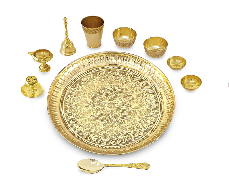 NOBILITY Brass Pooja Thali Set 10 Inch for Diwali Home Office Mandir Wedding Return Gift Items