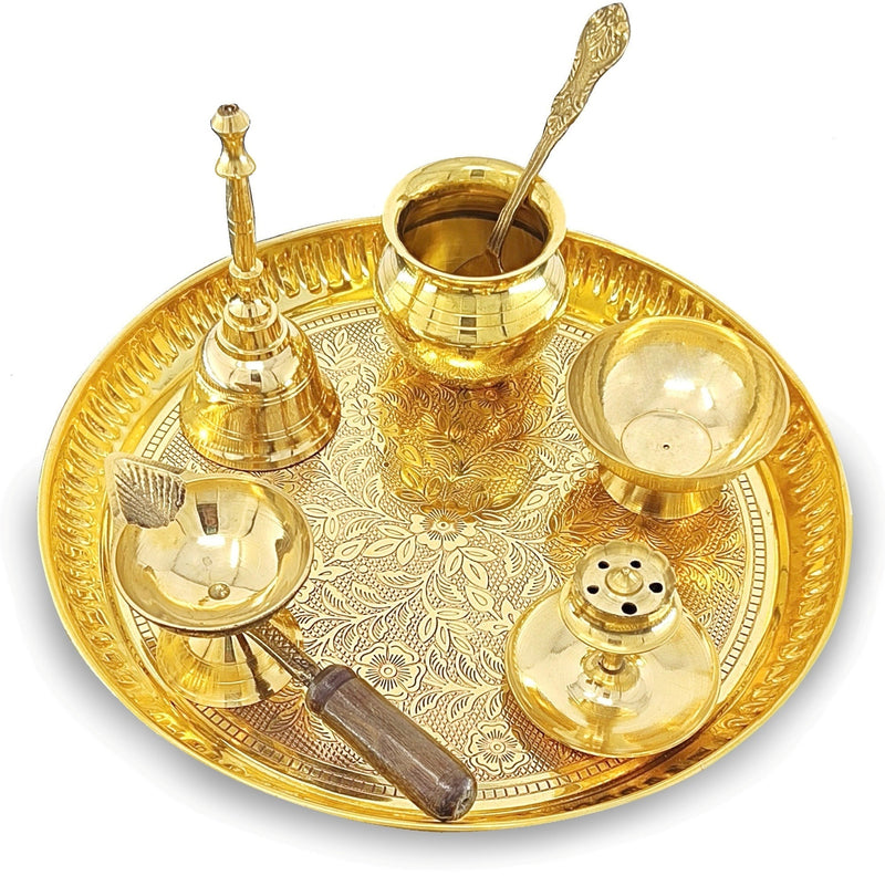 NOBILITY Brass Puja Thali Set 8 Inch Pooja Thali with Pital Plate Kalash Chandan Wati Diya Dhup Dan Ghanti Spoon Arti Thali for Diwali Home Office Mandir Wedding Return Gift Items