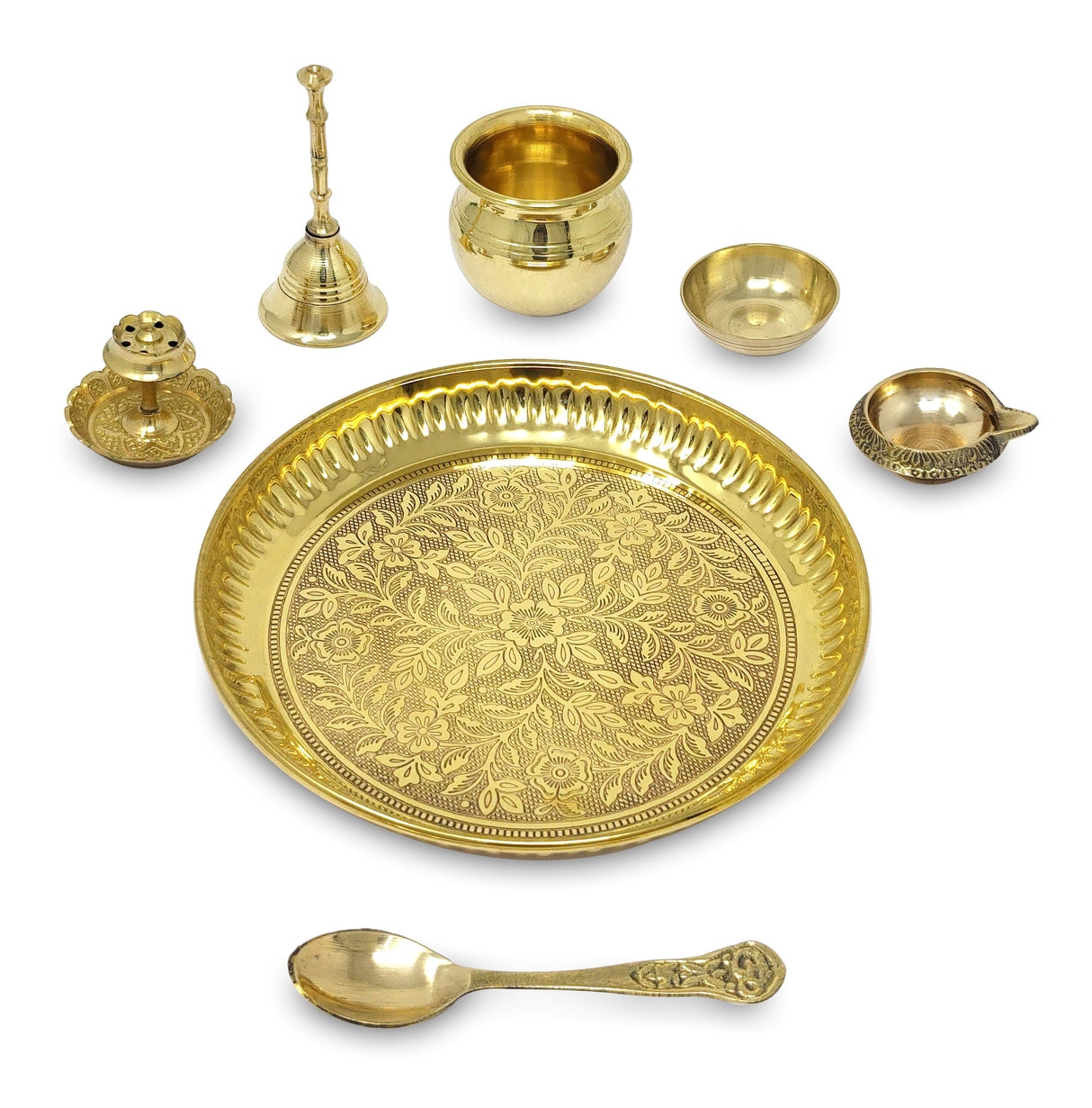 Brass Pooja Thali Set with Red Gift Box 6 Inch Pital Plate Kalash Spoon Chandan Wati Dhup Dan Kuber Diya Ghanti Puja Arti Thali for Diwali Home Office Mandir Wedding Return Gifts