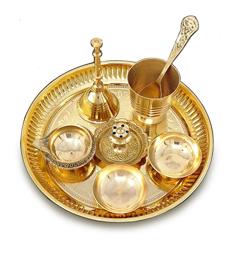 NOBILITY Brass Pooja Thali Set 6 Inch Puja Thali with Pital Plate Glass Chandan Wati Dhup Dan Kuber Deep Ghanti Spoon Arti Thali for Diwali Home Office Mandir Wedding Return Gift Items