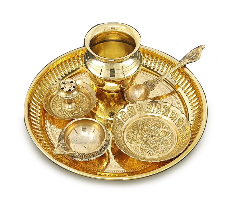 NOBILITY Brass Pooja Thali Set 6 Inch Puja Thali with Pital Plate Kalash Kuber Diya Dhup Dan Palli Kangura Plate Arti Thali for Diwali Home Office Mandir Wedding Return Gift Items