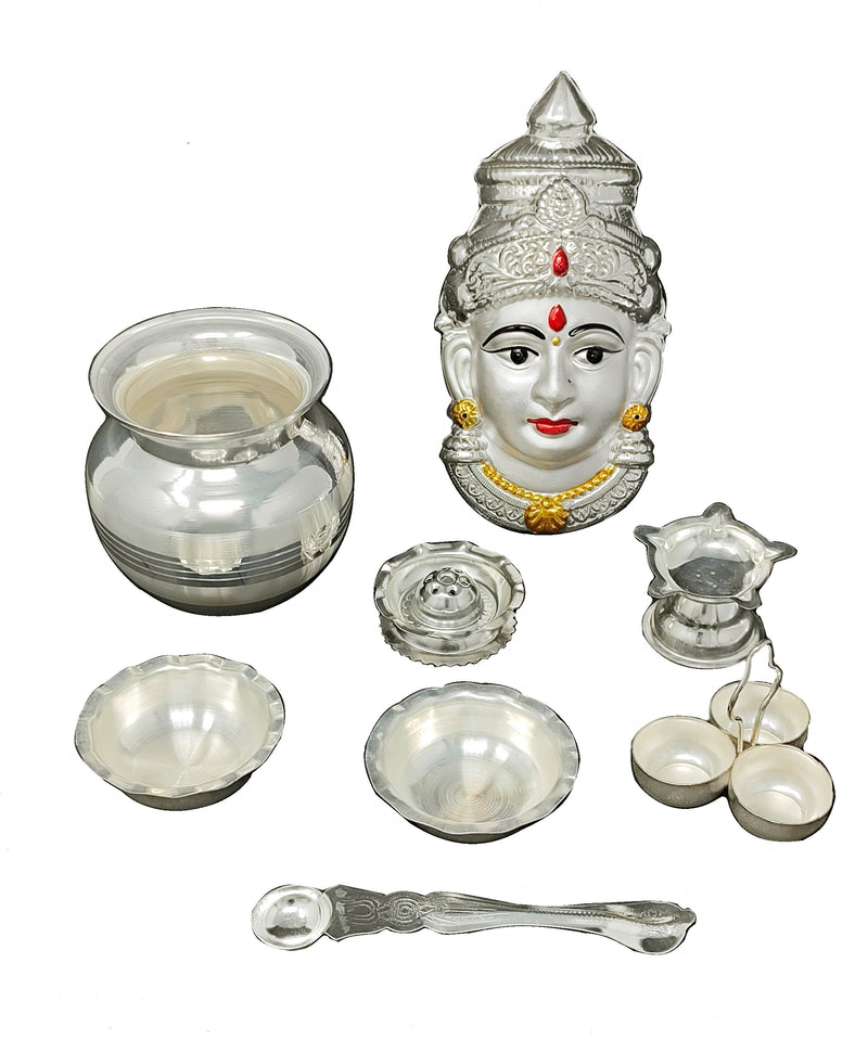 NOBILITY Silver Plated Pooja thali Set with Varalakshmi Devi Mukhota Idol Statue