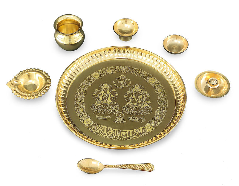 NOBILITY Brass Pooja thali Set 8 Inch with Pital Plate Kalash Spoon Diya Bowl Dhup Dan Ghanti Daily Puja Thali for Diwali Home Mandir Office Wedding Return Gift Items