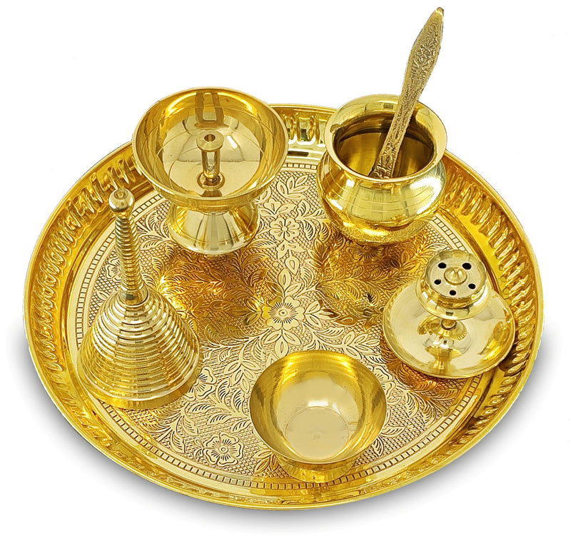 NOBILITY Brass Pooja Thali Set 8 Inch Puja Thali with Pital Plate Kalash Piyali Diya Ghanti Dhup Dan Chandan Wati Palli Arti Thali for Diwali Home Office Mandir Wedding Return Gift Items