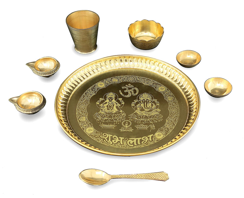 NOBILITY Brass Pooja thali Set 8 Inch with Pital Plate Glash Spoon Chandan Bowls Prasad Bowl Puja Arti Thali for Diwali Home Mandir Office Wedding Return Gift Items