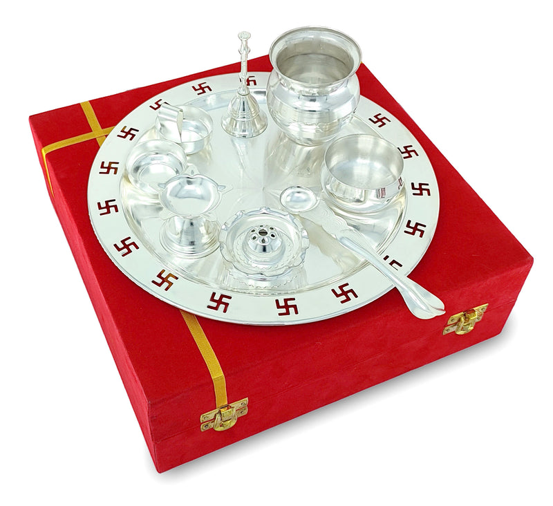 NOBILITY Pooja Thali Set Silver Plated with Red Gift Box