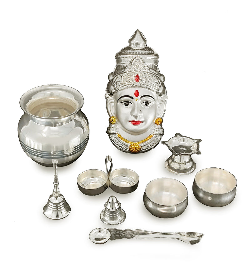 NOBILITY Silver Plated Pooja thali Set with Varalakshmi Devi Mukhota Idol Statue