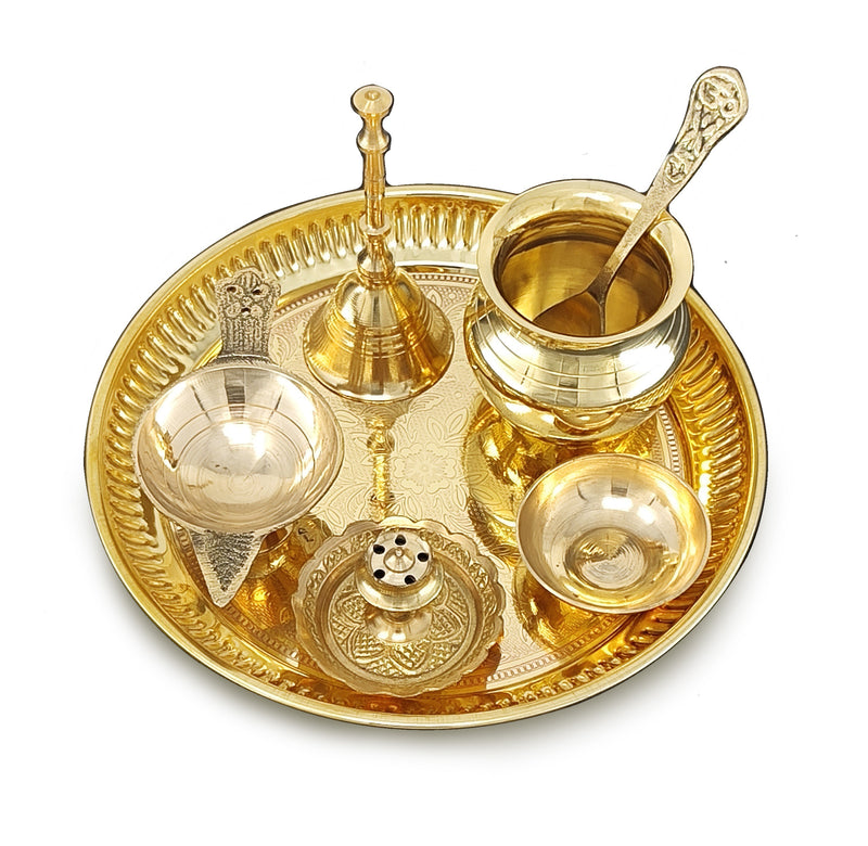 NOBILITY Brass Pooja Thali Set 6 Inch Puja Thali with Pital Plate Kalash Spoon Chandan Wati Dhup Dan Diya Ghanti Arti Thali for Diwali Home Office Mandir Wedding Return Gift Items