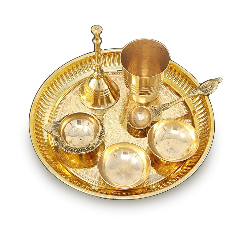 NOBILITY Brass Pooja Thali Set 6 Inch Puja Thali with Pital Plate Glass Pallu Bowl Diya Ghanti Arti Thali for Diwali Home Office Mandir Wedding Return Gift Items