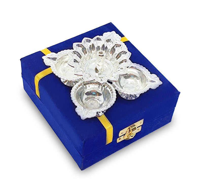 Nobility Silver Plated Diya with Blue Velvet Gift Box Panchmukhi Dia Pooja Items Diwali Decoration Puja Gifts Handmade Oil Lamp Traditional Indian Deepawali Gift Items