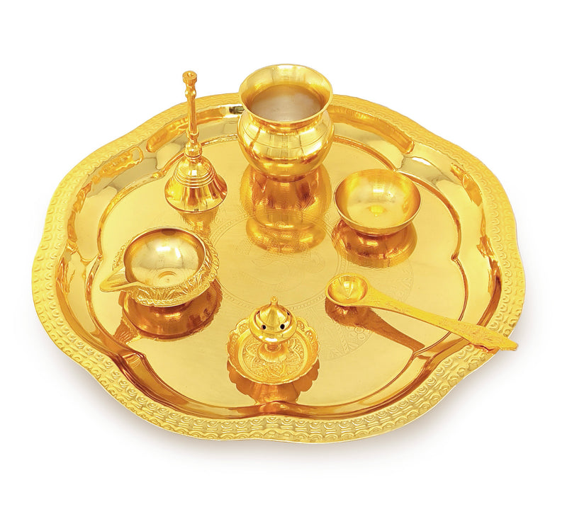 NOBILITY Pooja Thali Set Gold & Silver Plated with Red Gift Box Designed Puja Plate 22 CM Bowl Ghanti Kalash Spoon Dhup Dan Diya for Home Office Diwali Wedding Return Gift Items