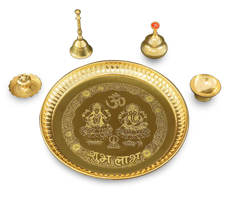 NOBILITY Brass Pooja thali 8 Inch with Kalash Kuber Diya Ghanti Spoon Bowl Dhup Dan Ganesh Lakshmi Design Puja Thali Set Festival Home Office Mandir Diwali Wedding Return Gift Items