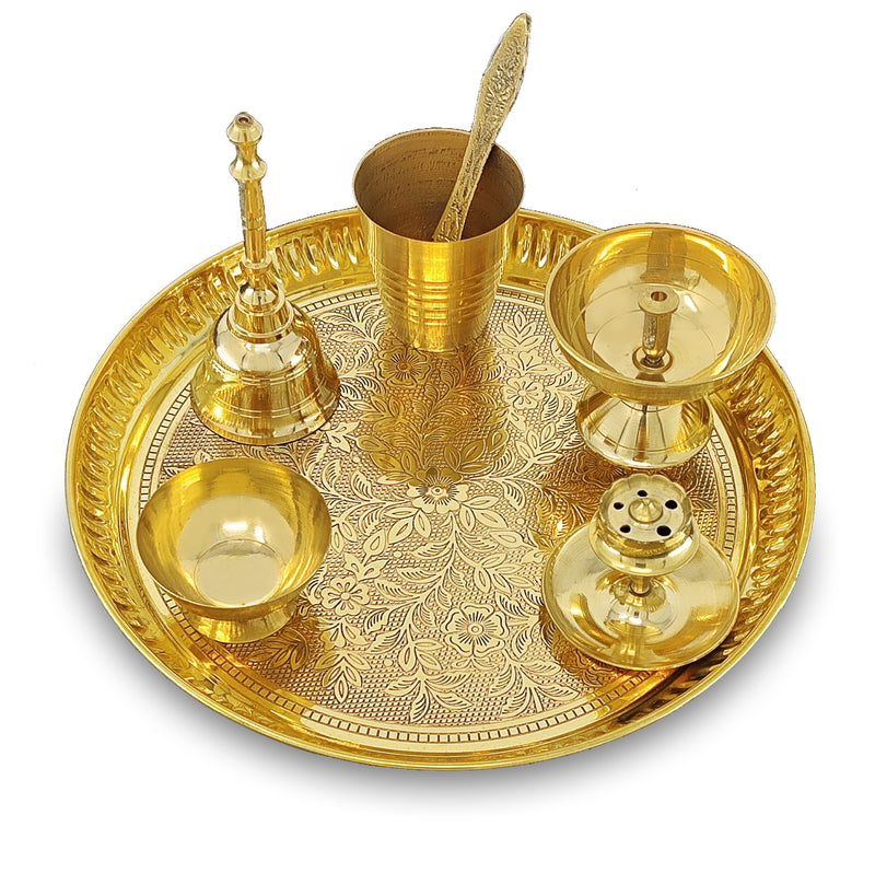 NOBILITY Brass Pooja Thali Set 8 Inch Puja Thali with Pital Plate Glass Piyali Diya Dhup Dan Chandan Wati Ghanti Palli for Diwali Home Office Mandir Wedding Return Gift Items