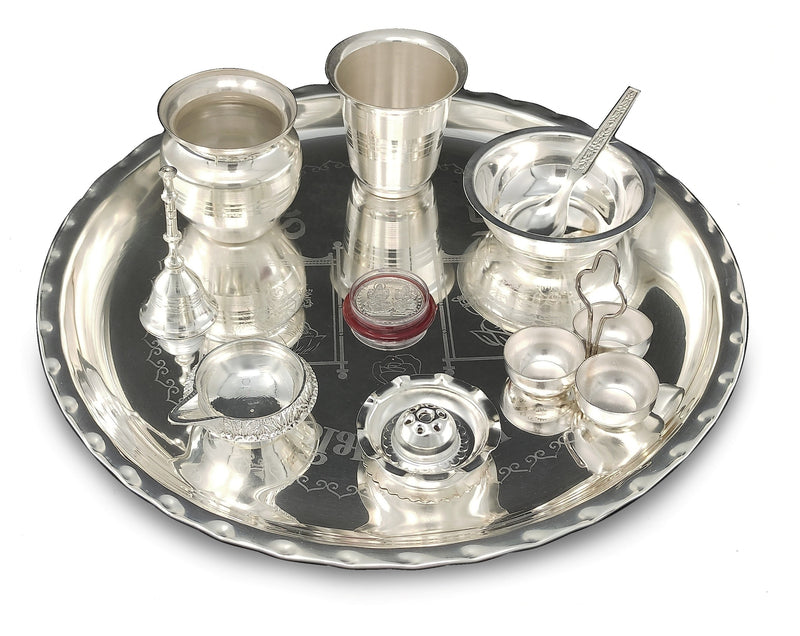 NOBILITY Silver Plated Pooja Thali Set 12 Inch with Designed Puja Plate Glass Kalash Bowl Spoon Dhup Dan Ghanti Coin Hamdi Kumkum Stand Kuber Diya for Home Mandir Office Wedding Return Gift Items