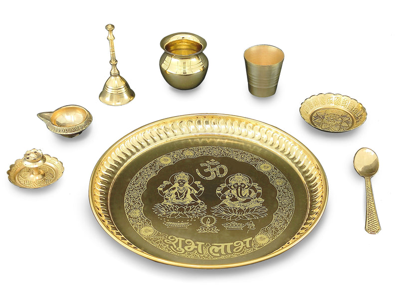 NOBILITY Brass Pooja thali Set 8 Inch with Pital Plate Kalash Spoon Glass Diya Bowl Dhup Dan Ghanti Kangura Plate Puja Arti Thali for Diwali Home Mandir Office Wedding Return Gift Items