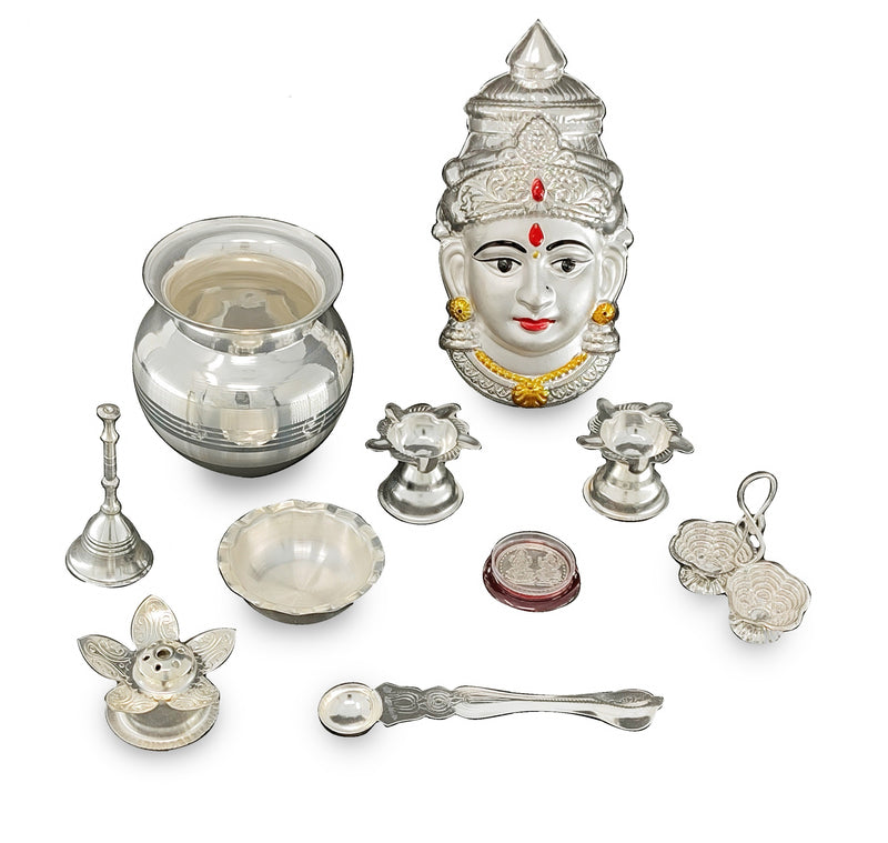 NOBILITY Silver Plated Pooja thali Set with Varalakshmi Devi Mukhota Idol Statue