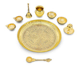 NOBILITY Brass Pooja Thali Set 8 Inch Puja Thali with Pital Plate Kalash Palli Chandan Vati Kuber Deep Dhup Dan Ghanti Arti Thali for Diwali Home Office Mandir Wedding Return Gift Items