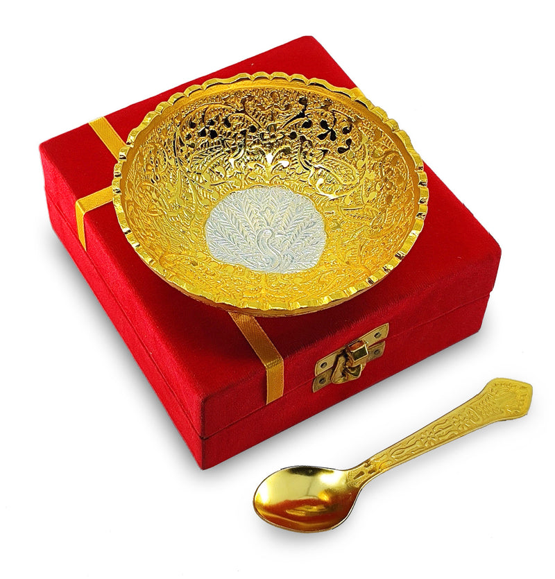 NOBILITY Bowl Spoon Set Gold and Silver Plated Leaf Shaped Designed with Velvet Box Dry Fruit Dessert Serving Sets Friends Family Home Decorative Corporate Gifts Wedding Return Gift