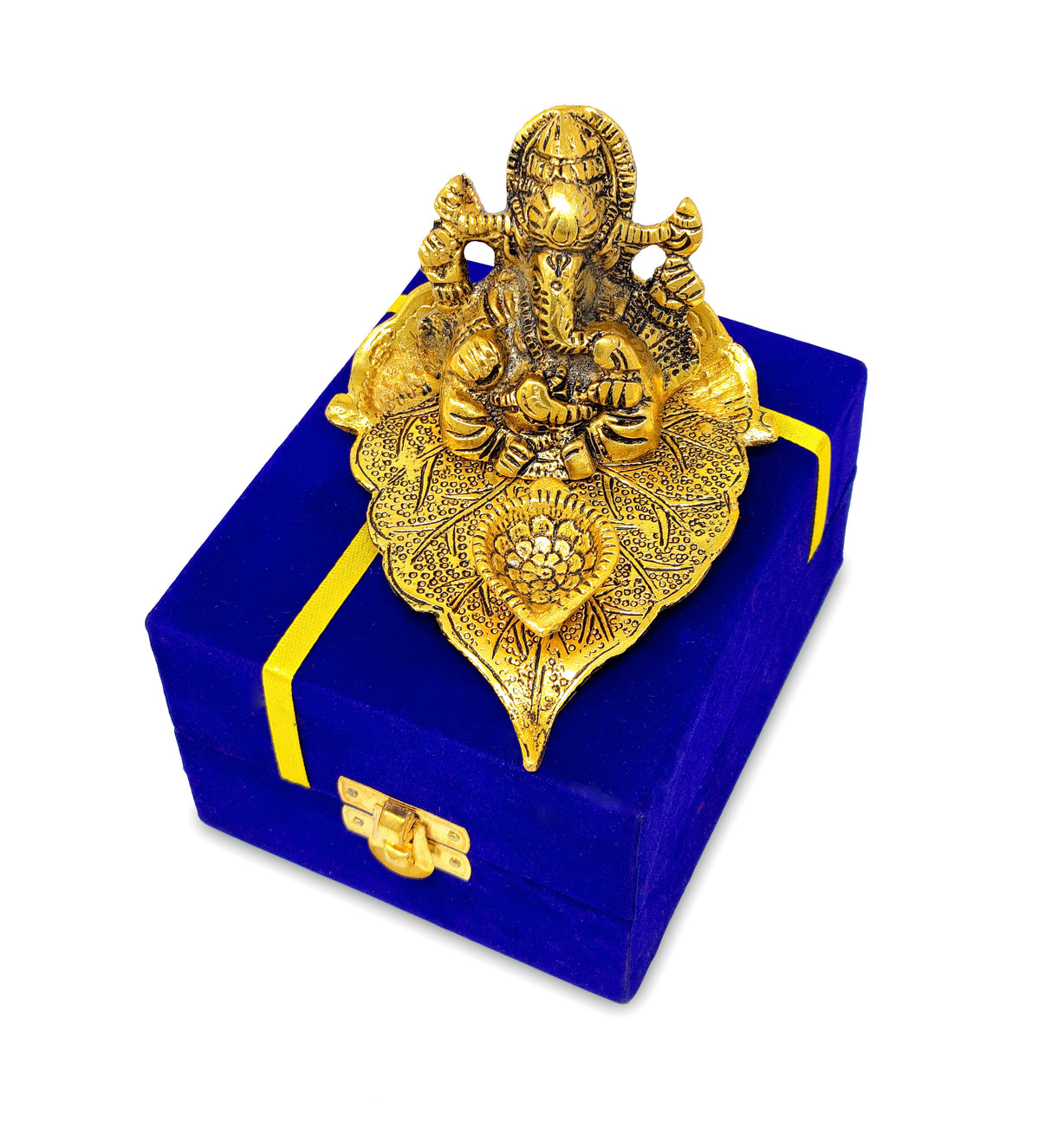 NOBILITY Gold Diya Ganesha on Leaf Oil Lamp Statue Idol with Blue Velvet Gift Box Pooja Items Diwali Decoration Puja Gifts Handmade Oil Lamp Traditional Indian Deepawali Gift Items