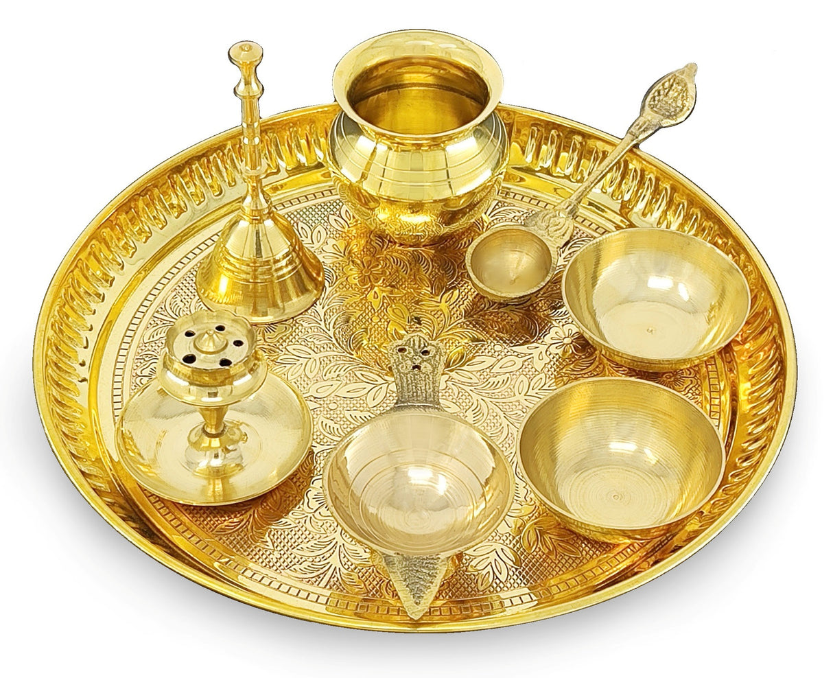 NOBILITY Puja Thali Set Brass Pooja Thali Set 8 Inch with Pital Plate Glass Kalash Spoon Ghanti Bowl Agarbatti Stand Kuber Diya Daily Pooja items for Diwali Home Mandir Office Wedding Return Gift Item