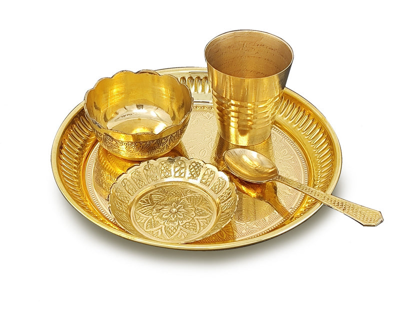 NOBILITY Brass Pooja Thali Set 6 Inch Puja Thali with Pital Plate Bowl Glass Kangura Plate Spoon Arti Thali for Diwali Home Office Mandir Wedding Return Gift Items