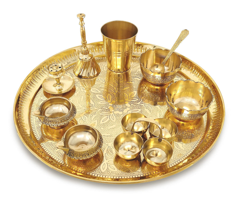 NOBILITY Brass Pooja Thali Set 12 Inch with Pital Plate Glass Bowl Spoon Palli Ghanti Kuber Diya Dhup Dan Haldi Kumkum Stand Puja Thali for Diwali Home Office Mandir Wedding Return Gift Items