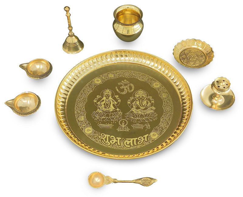 NOBILITY Brass Pooja thali Set 8 Inch with Pital Plate Kalash Spoon Ghanti Bowl Dhup Dan Kuber Diya Kangura Plate Puja Thali for Diwali Home Mandir Office Wedding Return Gift Items