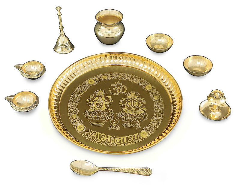 NOBILITY Brass Pooja thali 8 Inch with Accessories Ganesh Lakshmi Design Puja Set Wedding Return Gift Items