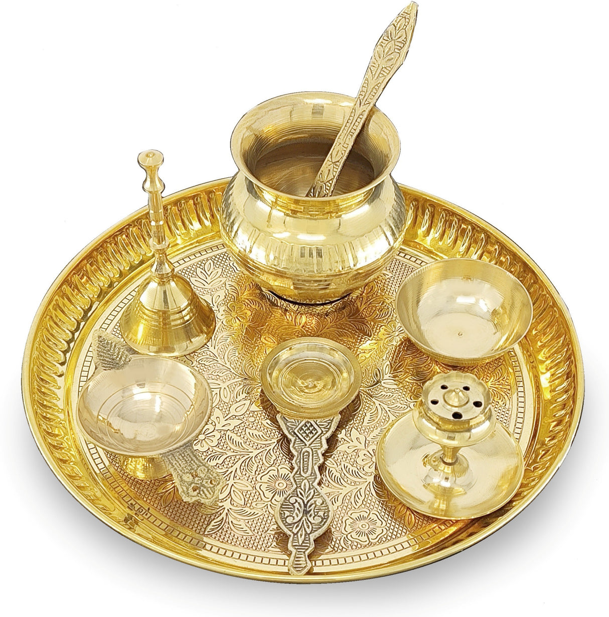 NOBILITY Brass Pooja Thali Set 8 Inch Puja Thali with Pital Plate Kalash Palli Chandan Wati Agarbatti Stand Kappur Arti Diya for Diwali Home Office Mandir Wedding Return Gift Items