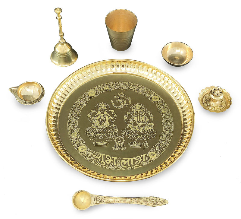 NOBILITY Brass Pooja thali Set 8 Inch with Pital Plate Glass Spoon Diya Bowl Designed Dhup Dan Ghanti Daily Puja Thali for Diwali Home Mandir Office Wedding Return Gift Items