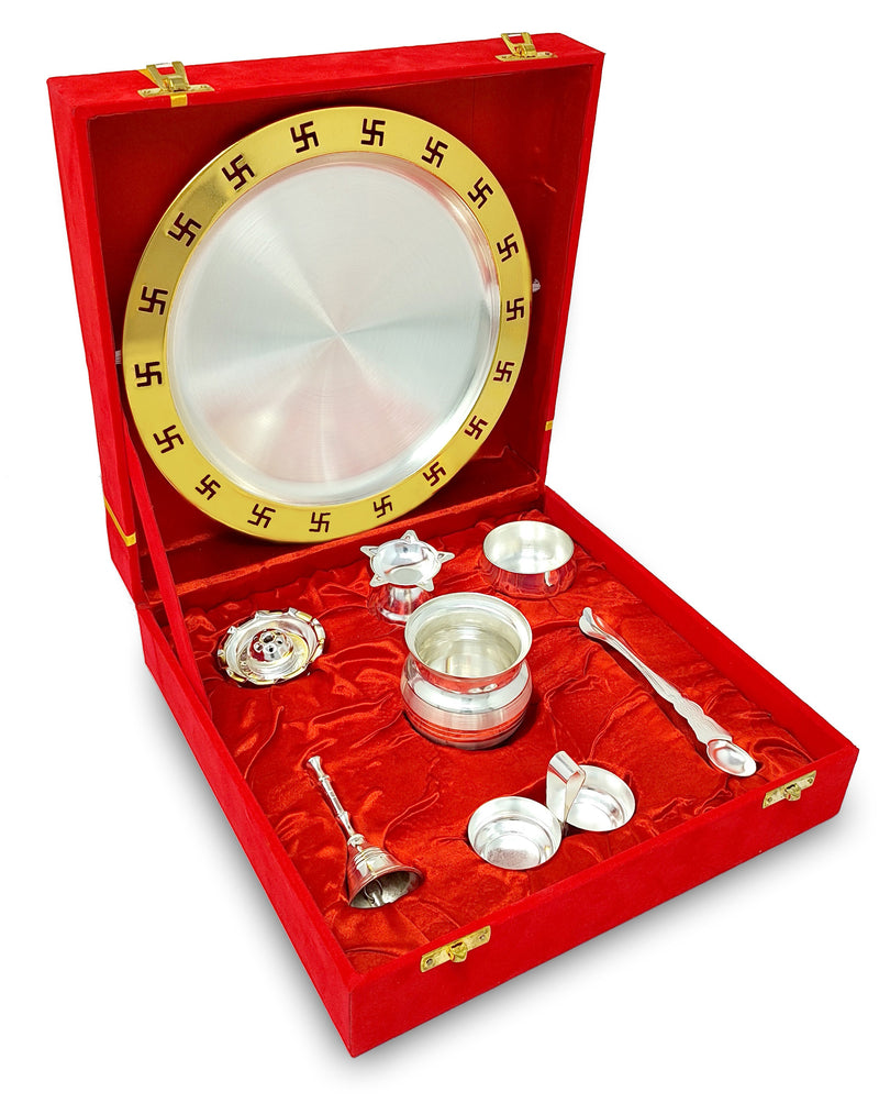 NOBILITY Pooja Thali Set Gold & Silver Plated with Red Gift Box