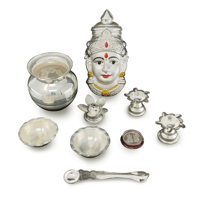 NOBILITY Silver Plated Pooja thali Set with Varalakshmi Devi Mukhota Idol Statue