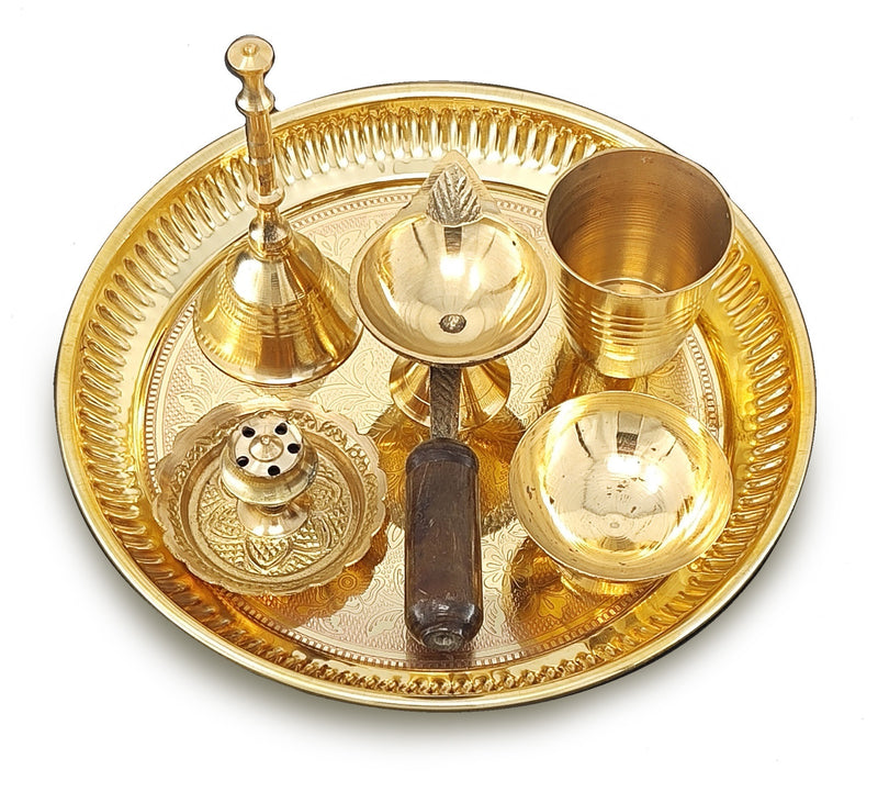 NOBILITY Brass Pooja Thali Set 6 Inch Puja Thali with Pital Plate Glass Chandan Wati Dhup Dan Diya Bell Arti Thali for Diwali Home Office Mandir Wedding Return Gift Items